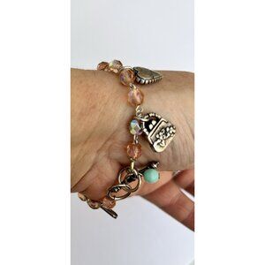 Pink Iridescent Silvertone Beaded Floral Charm Bracelet Ma Angel Dragonfly